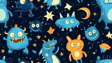 Playful Monster Doodles Seamless Pattern with Cute Cartoon Creatures, Stars, and Moon in Blue and Orange Colors