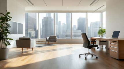 Fototapeta premium Modern office space with city view, featuring large windows, minimal furniture, natural light, and a serene ambiance for productive work.