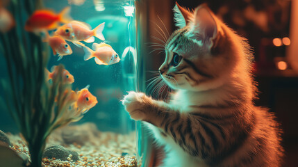 a curious cat sitting in front of an aquarium