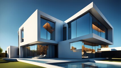 Fototapeta premium A large white house with a pool and a tree in the background