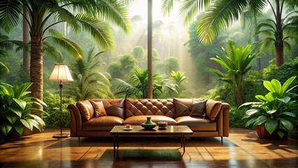 Fototapeta premium Luxurious leather sofa envelops a glass coffee table, set amidst lush greenery, with misty tropical rainforest and warm golden light creating a serene Hawaiian oasis.