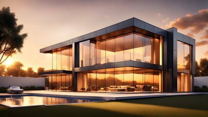 Obraz premium A large house with a pool and a large glass window