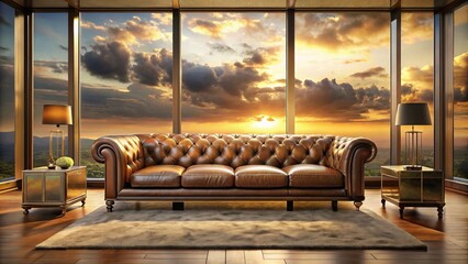 Luxurious leather sofa nestles in a tranquil living room, adorned with ornate gold accents, amidst floor-to-ceiling glass and a serene sunset backdrop, exuding refinement and serenity.