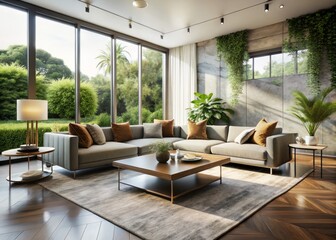 Naklejka premium luxurious minimalist modern living room with floor-to-ceiling windows, sleek marble coffee table, abstract art, and lush greenery, capturing serenity, warmth, and sophistication in morning light.