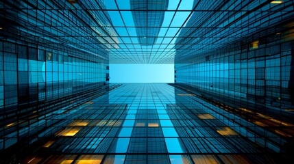 Obraz premium Modern Glass Office Buildings Reflecting Blue Sky - Concept of Mitigating Risks in Business Environment