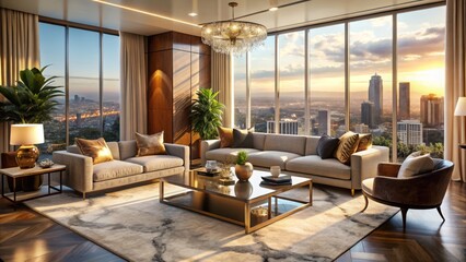 Luxury furniture arrangement amidst marble, velvet, and carved wood, bathed in golden light, exuding opulence and sophistication with subtle modern touches.