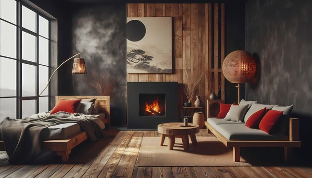 Wood log coffee table near rustic sofa with red cushion and grey and beige pillows against black stucco wall. Japandi home interior design of modern living room with fireplace, created with generative