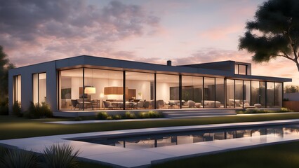 Obraz premium A large house with a pool and a glass wall