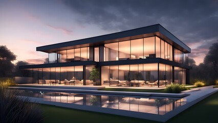 Obraz premium A large house with a pool and a tree in front of it