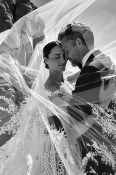 Romantic Prewedding Photoshoot with Bride and Groom Embracing Under Veil in Black and White