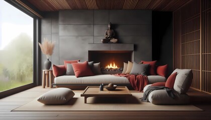 modern living room, den terrace Wooden coffee table near a rustic sofa with red cushion and gray and beige pillows against a black stucco wall. Japanese modern terrace interior A.I