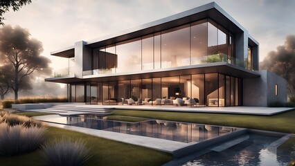 Obraz premium A large house with a pool and a large glass window