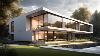 Fototapeta premium A large white house with a pool and a large glass window