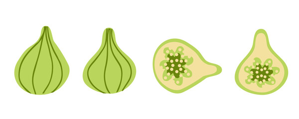 Minimalist style vector green fig clipart collection. Perfect art for stickers, poster, label, sale, card. Hand drawn illustration for decor and design.