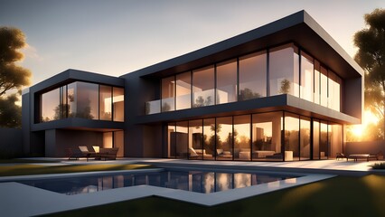 Fototapeta premium A large house with a pool and a large glass window