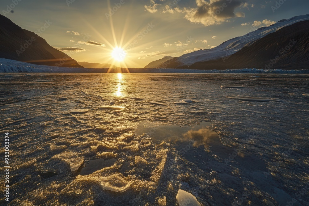 Aufkleber the sun sets over melting arctic glaciers, reflecting the stark evidence of global warming impacting