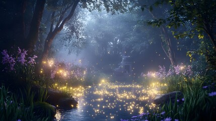Obraz premium Enchanted forest clearing with a glowing pond fireflies and ancient ruins at twilight Fairy tale-inspired with glowing elements soft mystical lighting and 3D-rendered enchanted flora