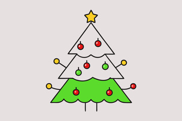 Christmas tree with light vector line art illustration