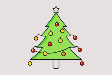Christmas tree with light vector line art illustration
