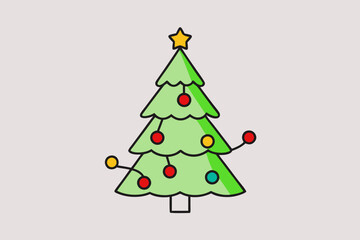 Christmas tree with light vector line art illustration