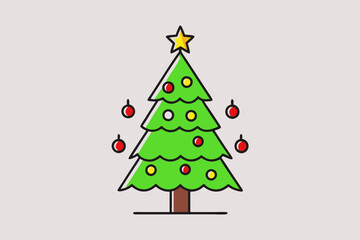 Christmas tree with light vector line art illustration