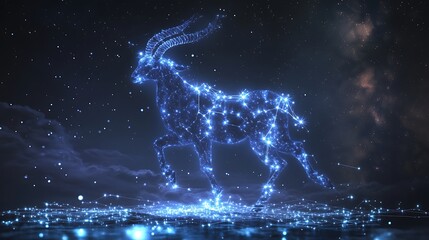 Capricorn constellation glowing faintly, Sea-Goatâ€™s shape outlined by stars, subtle lighting, tranquil atmosphere