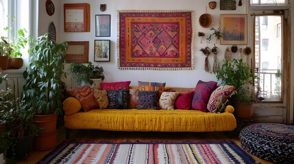 Bohemian: Eclectic mix of patterns, vibrant colors, global textiles, vintage furniture, and lots of plants and decorative objects.
