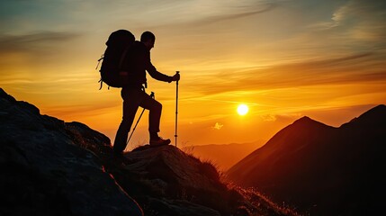 Silhouette of a hiker against a vibrant sunset in a mountainous landscape.