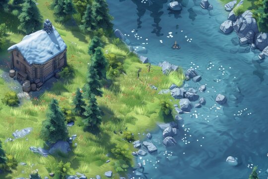Nordic, ancient, shore green space, woods, bird's eye view, Northgard, slg game, rts game, cartoon, isometric projection 