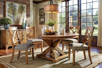 Fototapeta premium Round farmhouse table Ashley furniture rustic wooden aesthetic coffee dining space warm tones distressed finish earthy