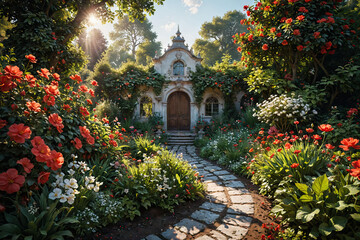 Fototapeta premium A paradise garden: a peaceful scene filled with flowers and sunlight, Generative AI 