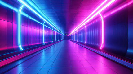 3D render of a long corridor with neon lights and futuristic architecture