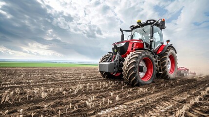 Obraz premium Tractor equipped with GPS technology plowing a large agricultural field