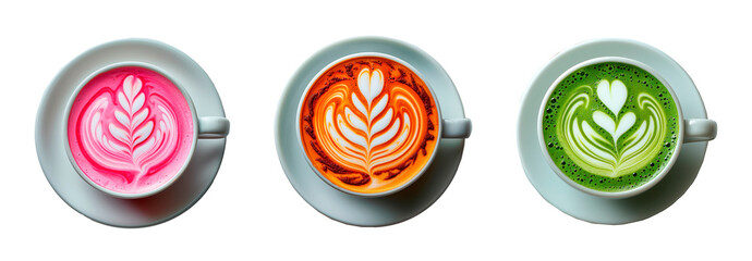 Top View Collection of Latte Art – Classic, Pink, and Matcha Cappuccino in White Cups on Isolated  Background