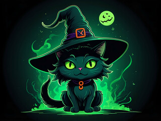 abstract halloween Neon mystical green witch cat Cartoon doodle witchcraft fairy tale concept