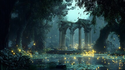 Magical forest clearing with fireflies glowing pond and ancient ruins at twilight Fairy tale-inspired with glowing elements soft mystical lighting and 3D-rendered enchanted flora
