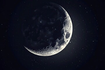 Detailed Crescent Moon in the night sky. Crescent Moon on black background with space for Ramadan theme , ai