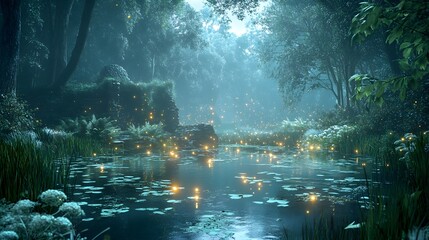 Enchanted forest clearing at twilight with glowing pond fireflies and ancient stone ruins Fairy tale-inspired with glowing elements soft mystical lighting and 3D-rendered enchanted flora