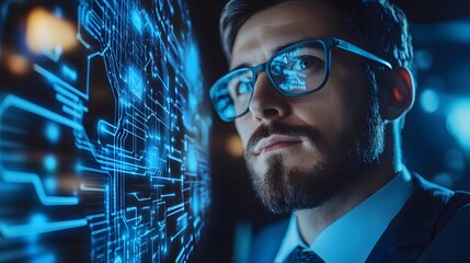Close-up of a businessman's face digital circuit futuristic HUD interface showing data analysis and technological