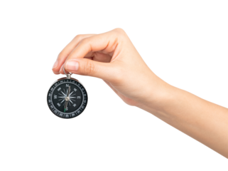 Hand holding compass on isolated white background.