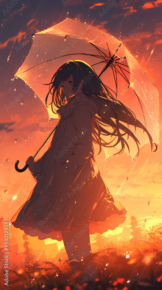 Poster beautiful anime woman holding umbrella in the rain, sunset atmosphere, vertical cinematic background