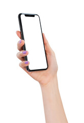 Hand holding the black smartphone with mockup of blank screen on isolated white background.