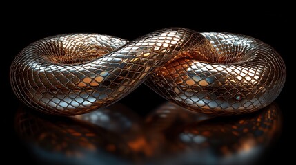 Fototapeta premium 3D render of an abstract twisted infinity symbol with shiny metallic dragon scales texture and golden snake clip art isolated on a black background.