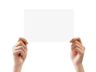 Hand holding blank paper label and mockup for design advertising on isolated white background.