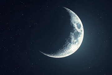 Naklejka premium Detailed Crescent Moon in the night sky. Crescent Moon on black background with space for Ramadan theme , ai