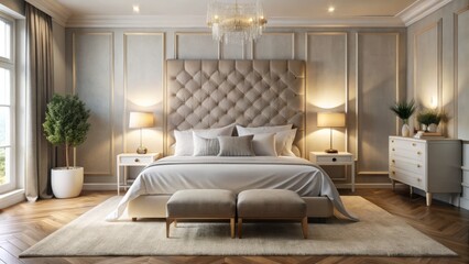 Soft golden lighting and delicate shadows create an intimate ambiance, as a sleek bedframe, plush rug, and minimalist nightstands combine for serenity and refinement.