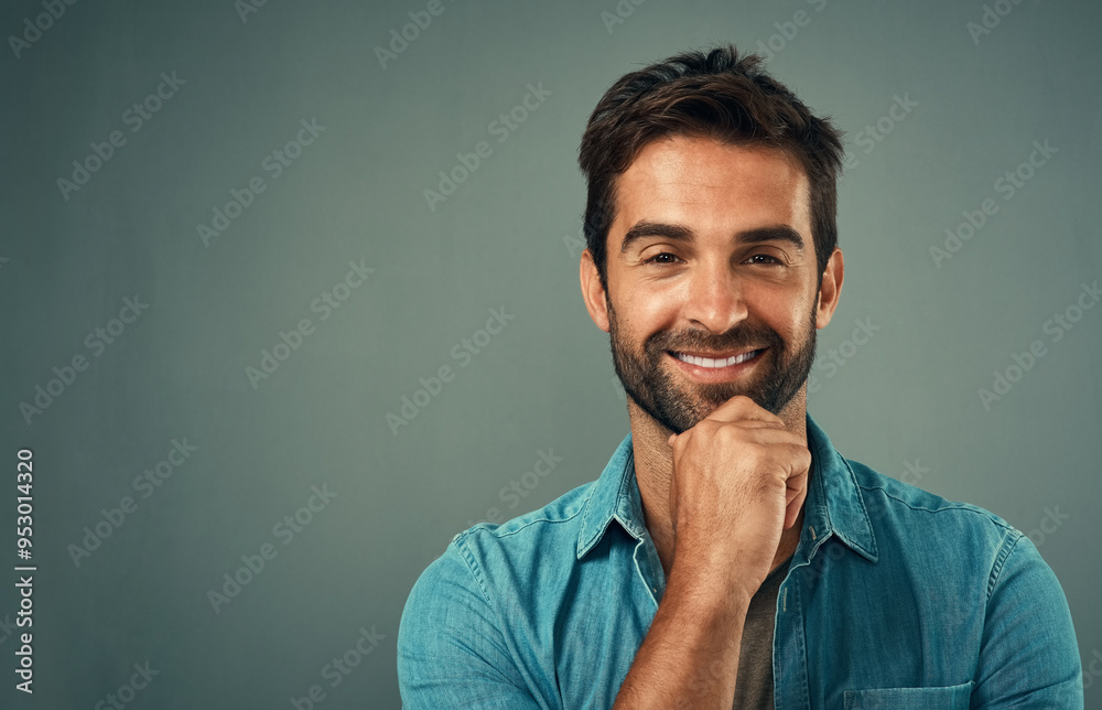 Poster Thinking, business man and portrait with smile for problem solving, project ideas and brainstorming reflection. Planning, employee and happy with solution or contemplation on studio background mockup