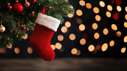 A red Christmas stocking hangs on a decorated tree branch with ornaments and warm festive lights glowing in the background.