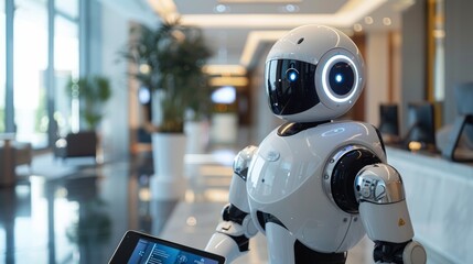 A sleek AI robot interacting with a touchscreen computer in a modern office setting