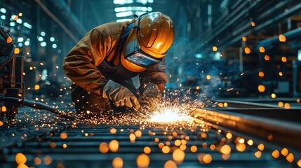 An industrial worker wearing protective gear welding metal in a factory, with sparks flying and a busy, illuminated workshop in the background.